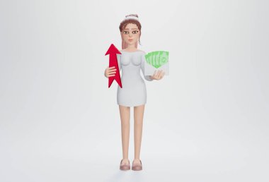 3 boyutlu görüntüleme. Ofis tarzı elbiseli bir iş kadını. Modern bayan iş kadını elinde parayla bir zarf tutuyor..