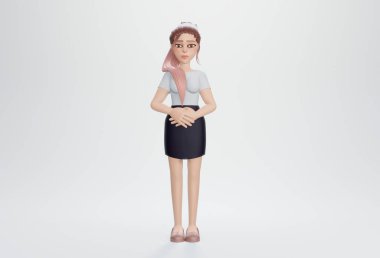 3 boyutlu görüntüleme. Çizgi film karakteri genç çalışan kadın ayakta