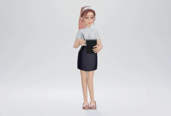 3Dレンダリング 美しい若い女性が立って メモを取り 教科書の手帳を手に持って 白い背景に孤立したペンを持っています — ストック写真