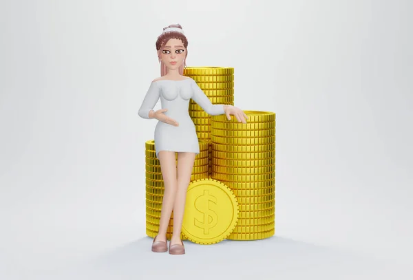 3Dレンダリング お金の山を持つハンサムな実業家の肖像 — ストック写真