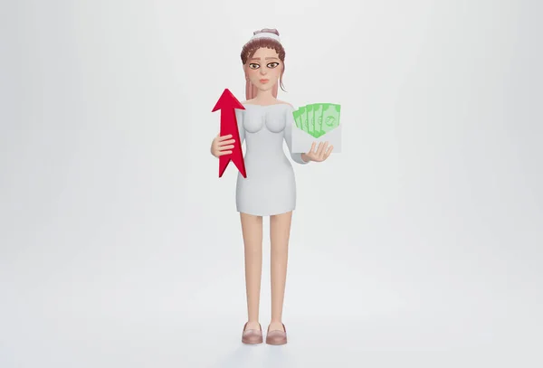 3Dレンダリング オフィススタイルの服のビジネス女性 お金で封筒を保持する現代の女性実業家 — ストック写真