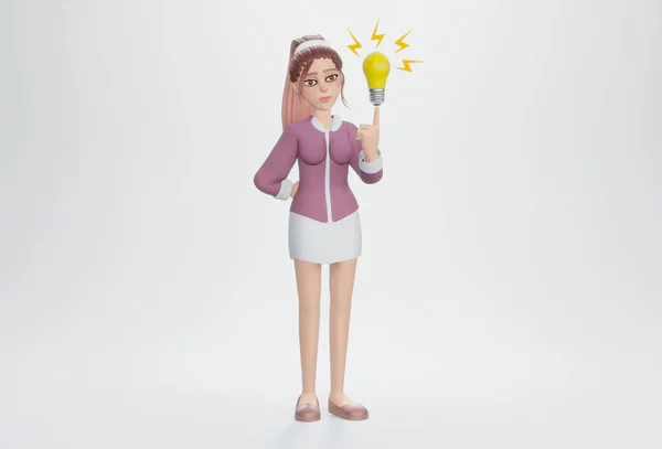 Renderização Mulher Negócios Com Lâmpada Amarela Conceito Inovação Inspiração — Fotografia de Stock