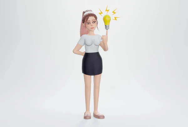 Renderowanie Bizneswoman Żółtą Żarówką Koncepcja Innowacji Inspiracji — Zdjęcie stockowe