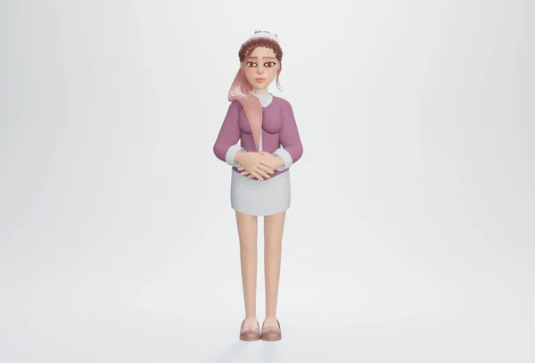 Render Personaje Dibujos Animados Joven Mujer Trabajadora Pie — Foto de Stock