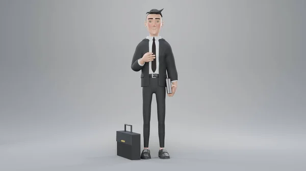 3Dレンダリング ビジネスマンがスーツケースを持って本を持ってる — ストック写真