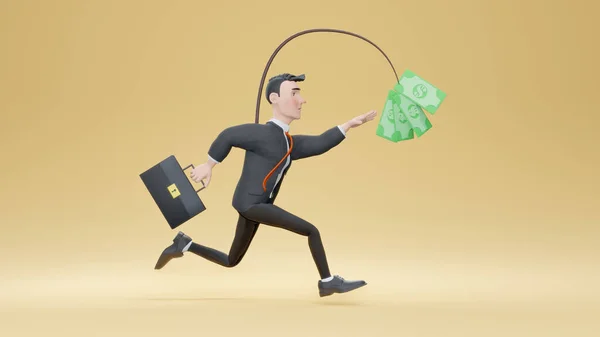 3d render. Stressed businessman running after a money bill, hanging from a fishing rod