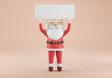 Noel Baba 'nın Noel karikatür karakteri bir tabelanın üstünden bakıyor. Mutlu yıllar ve Mutlu Noeller kartı. boş işaret