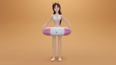 3d rendering. Happy young woman wearing swimsuit and holding inflatable ring on the sky background. Beach holiday vacation mood. Beautiful summer girl relaxing on the sea 