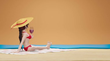 3d rendering. woman relaxing with glass of rose wine on beach by the sea at sunset. 