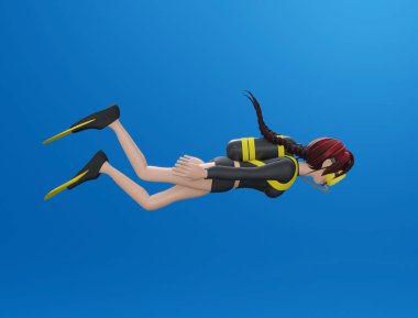 3D rendering of a young woman diver isolated on white background .Woman swimming pool.Underwater photo.