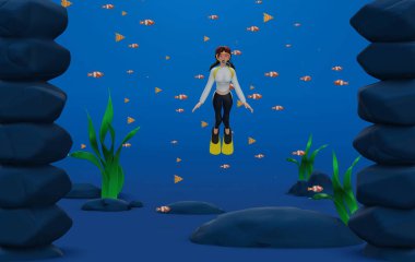 3d rendering. Underwater Scuba diver explore and enjoy Coral reef Sea life.