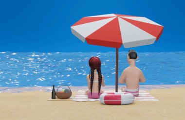 3d rendering. Couple resting on sunny beach at resort. Happy young couple with glasses of wine sitting on deck chairs at sea beach