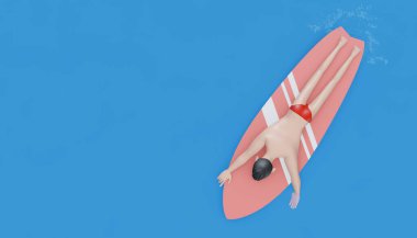 3d rendering.man Swimming on Surfboard Isolated in Sea Water
