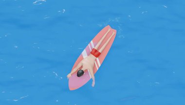 3d rendering.man Swimming on Surfboard Isolated in Sea Water
