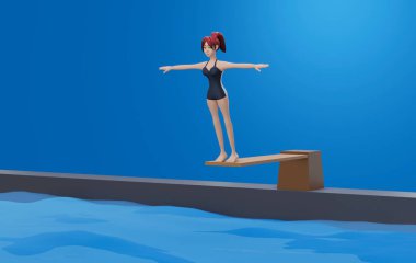 3d rendering. Swimming pool with a diving Board. red swimsuit woman jumping on water. A girl in a bathing suit preparing to jump from a springboard into the water. Water sports. 