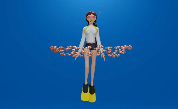 Rendering Diver Girl Glides School Fishes Blue Ocean — Zdjęcie stockowe