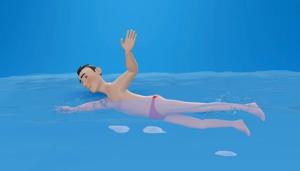 3d rendering. Swimming man - modern colorful cartoon character . High quality composition with young male swimmer training in the pool. Healthcare, water sport concept