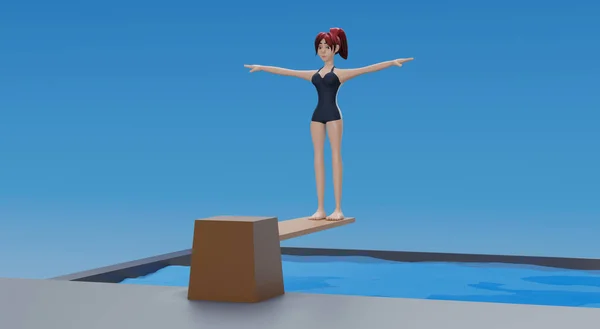 3d rendering. Swimming pool with a diving Board. red swimsuit woman jumping on water. A girl in a bathing suit preparing to jump from a springboard into the water. Water sports.