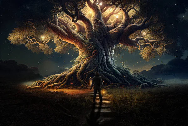 Rendering Tree Magic Fairytale Fantasy Tree House Dark Tone Wallpaper — Stockfoto