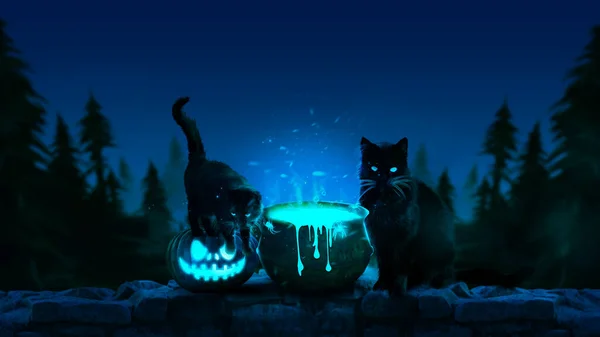 3Dレンダリング 猫との神聖な夜 — ストック写真