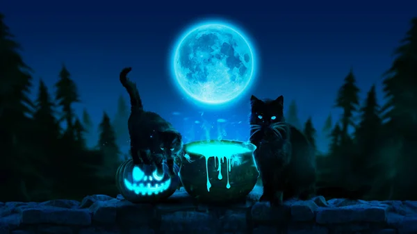 Renderização Noite Hallowed Com Gato — Fotografia de Stock