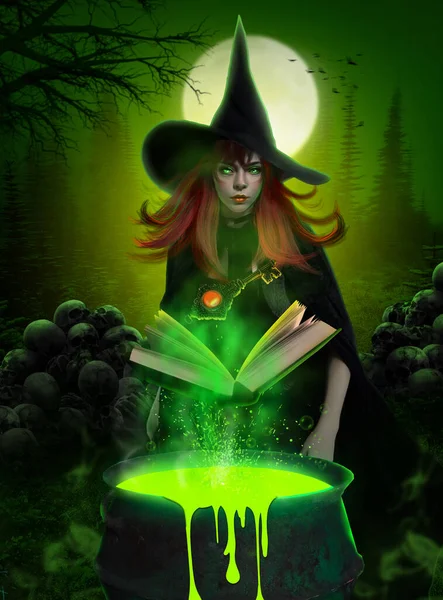 Renderowania Dramatyczne Mistyczne Tło Halloween Czarownicą Bajki Księgą Zaklęć — Zdjęcie stockowe