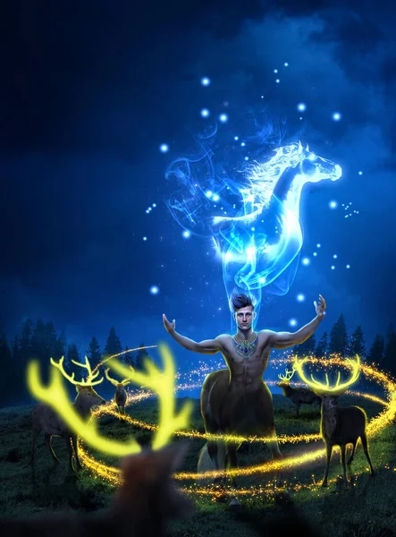 Трехмерная Рендеринг Волшебный Чародей Кентавра Создающий Мощную Магию Арканы — стоковое фото