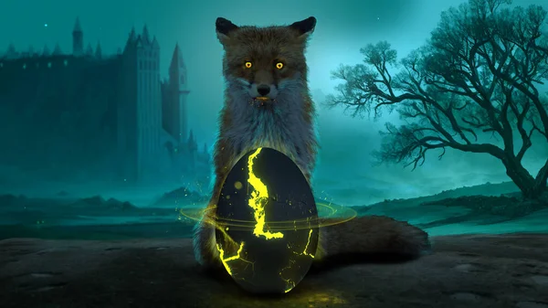 3D渲染 一只狐狸在等蛋 — 图库照片