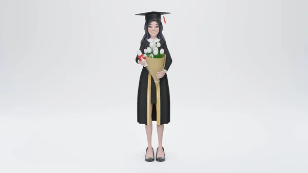 Darstellung Frau Ist Absolventin Mit Blumenstrauß — Stockfoto