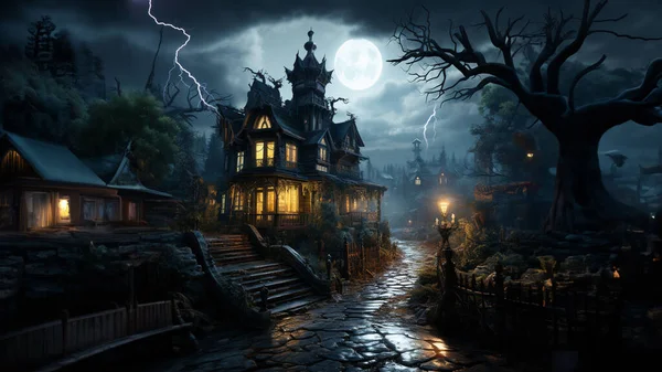 Рендеринг Дом Привидениями Туманный Жуткий Старый Дом — стоковое фото