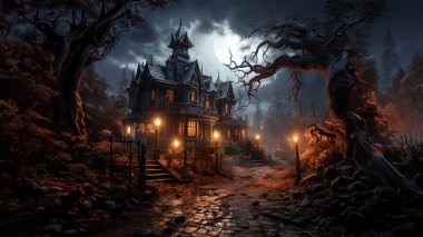 3d rendering, Night moonlight fantasy house in dark spooky dark forest in fog fantasy scene, halloween clipart