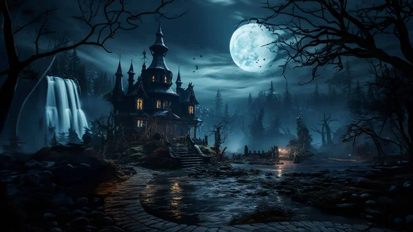 Рендеринг Дом Привидениями Кривой Дом Привидениями Отнятым Винтажным Видом Хэллоуина — стоковое фото