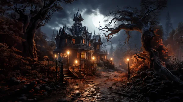 3Dレンダリング 霧のファンタジーシーンで暗い不気味な暗い森の中の夜の月明かりのファンタジーハウス ハロウィン — ストック写真