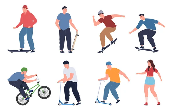 Patenli Scooterlı Bisikletli Gençler Eğleniyor Dublör Sporları Aktif Yaşam Tarzı — Stok Vektör