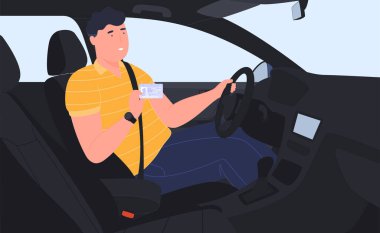 Araç kabininde ehliyeti olan bir adam var. Ehliyet kursu. Trafik kurallarını öğretmek ve güvenli sürüş.