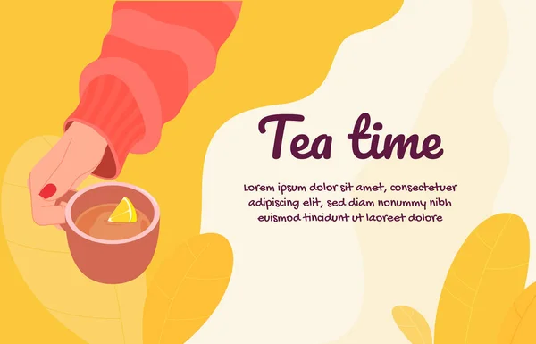 Banner Tea Time Hände Halten Tassen Mit Heißem Tee Und — Stockvektor