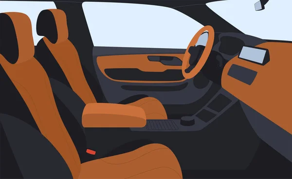 车的内部从中间 现代舒适的汽车内部与仪表盘和驾驶座 — 图库矢量图片
