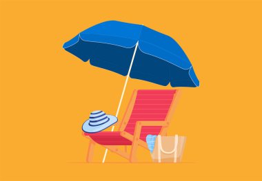 Şemsiyeli plaj sandalyesi. Kumlu bir sahilde yaz tatili. İyi tatiller..