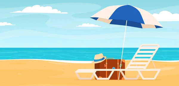 Beach Deck Chair Umbrella Summer Vacation Sandy Beach Happy Hot — Stock Vector