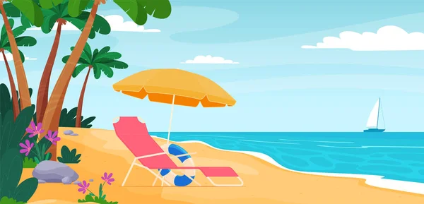 Chaise Longue Avec Parasol Vacances Été Sur Une Plage Sable — Image vectorielle