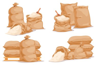 Mısır gevreği ve tahıllı çiftçi çantaları. Torbalarda pirinç deposu. Kumaş torbalarda tahıl taşımacılığı.