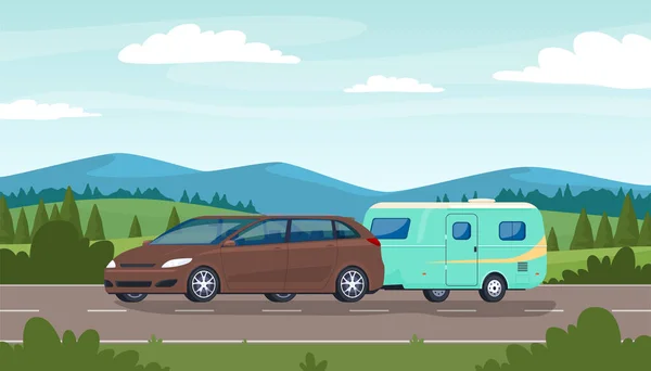 A family car pulls a trailer against the background of nature. Tourist trailers for travel and recreation. House on wheels.