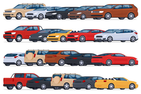 Various types of cars, city, SUV, sports, are parked in a row. Transport for convenient and safe movement on the streets between cities and trips.