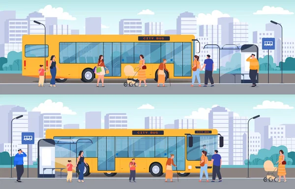 Parada Autobús Con Pasajeros Autobús Público Para Transporte Pasajeros — Vector de stock