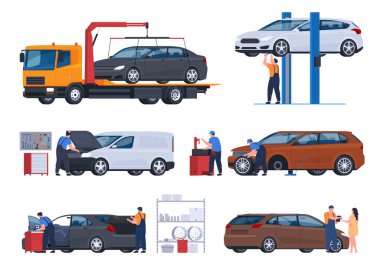 Araba servisi. Tahliye, araçların onarımı ve bakımı. İşçiler arabayı kontrol edip tamir ederler..