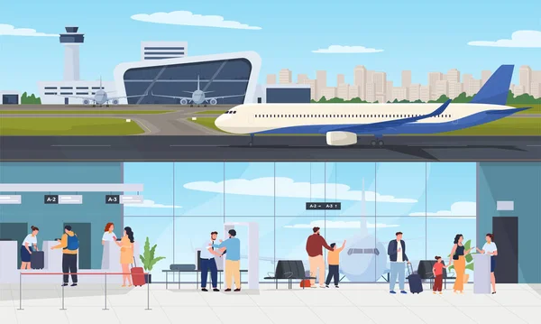 Internationale Regionale Luchthaven Start Landingsbaan Met Een Vliegtuig Een Controletoren — Stockvector
