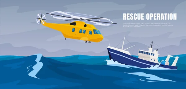 救援直升机在海上与一群救援人员 在风暴中救援和搜寻海上遇害者 对受损船只的援助 — 图库矢量图片