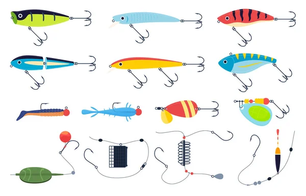 捕鱼用的各种鱼饵 捕鱼用的各种尺寸和种类的鱼饵 捕捞鱼类的工具 — 图库矢量图片