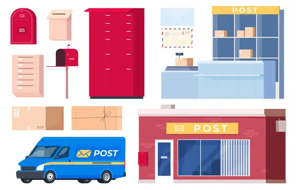 Postbezorging Van Brieven Pakketten Elementen Van Postdienst Postkantoor — Stockvector