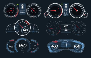 Set of different car dashboards with sensors. Measurement of car speed and engine revolutions. clipart